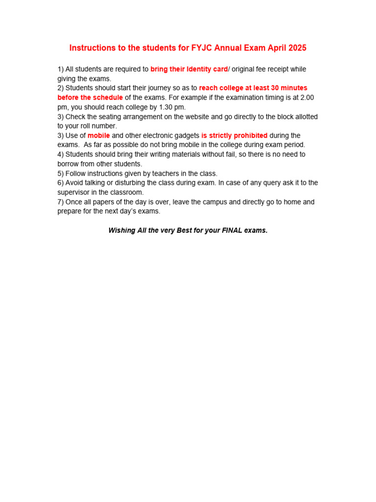 Instructions FYJC Annual Exam 2025 | PDF