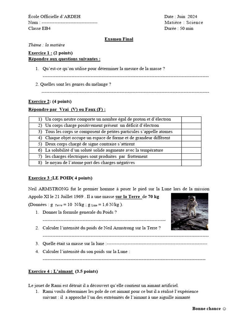Examen de Sciences EB4 : La Matière | PDF | Masse | Atomes