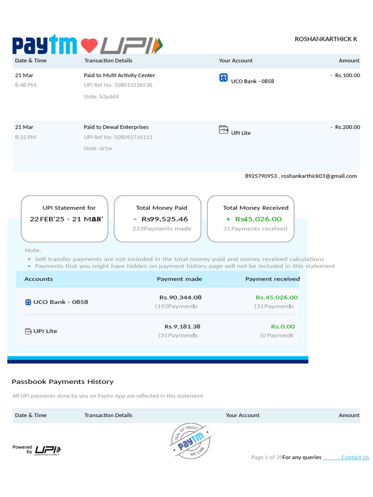 Paytm UPI Transaction Summary | PDF | Passbook | Money