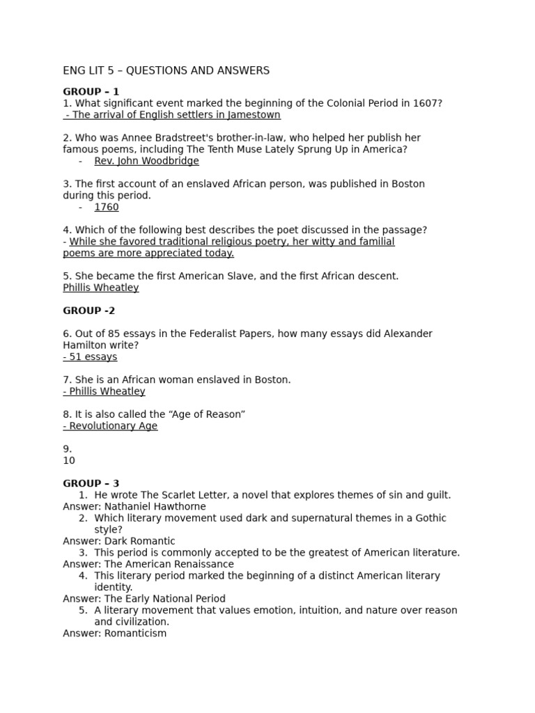 American Literature: Key Questions & Answers | PDF | Transcendentalism ...