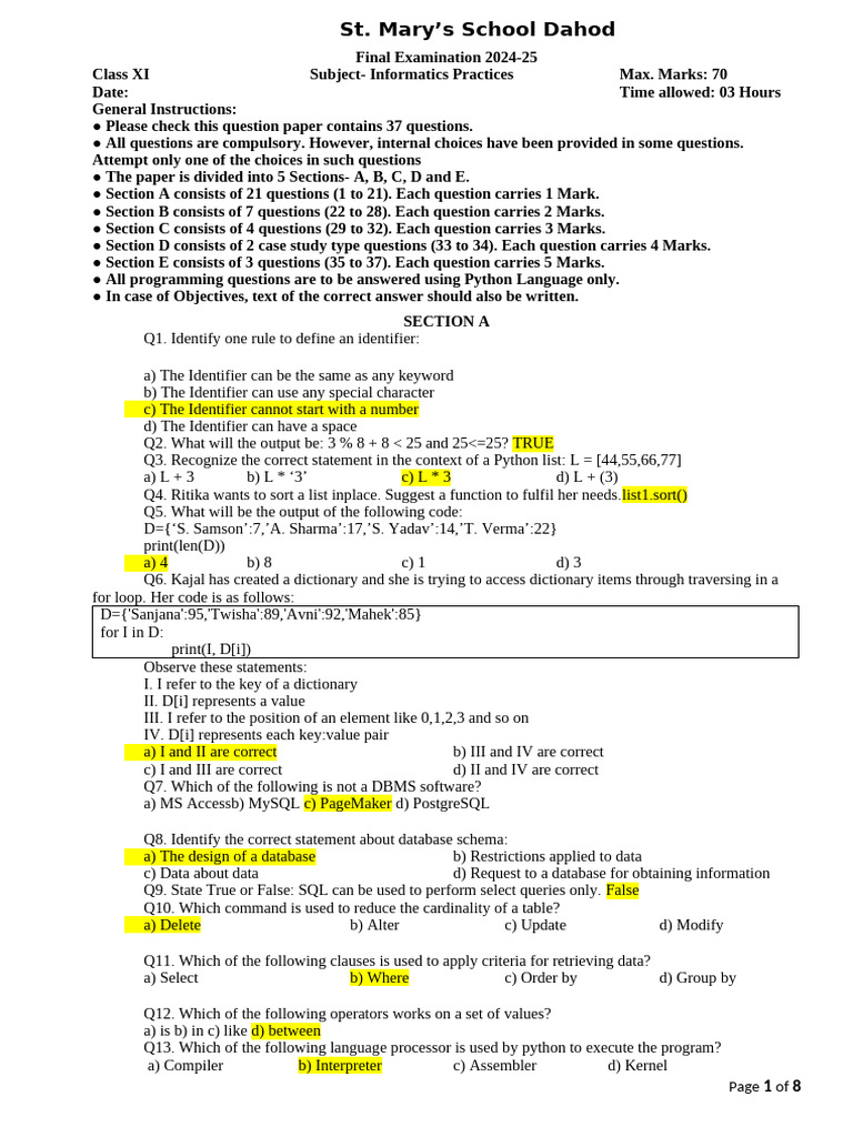 Class XI Informatics Practices Exam 2024-25 | PDF | Grocery Store ...