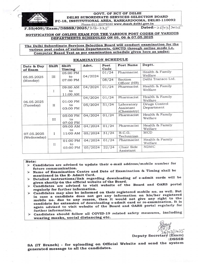 DSSSB Exam Schedule 2025 | PDF