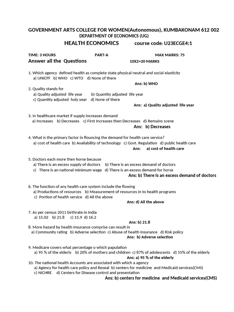 Health Economics Exam Questions and Answers | PDF | Health Care | Demand