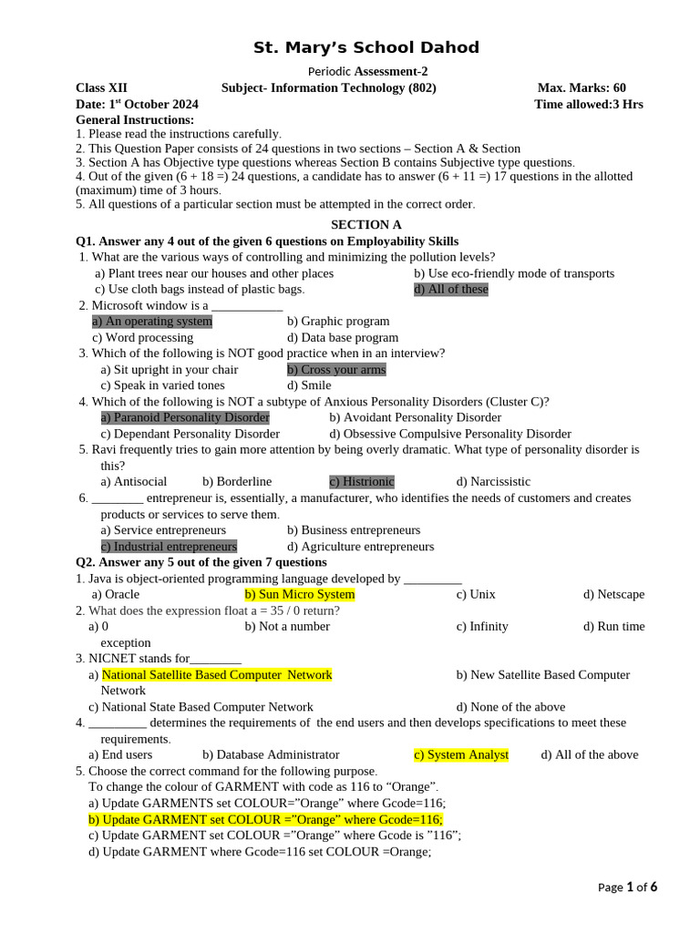 Class XII IT Assessment Paper 2024 | PDF | Personality Disorder | Sql