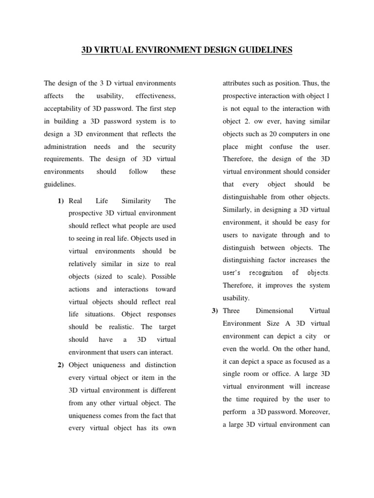 3D Virtual Environment Design Guidelines | PDF | Virtual Reality | 3 D ...