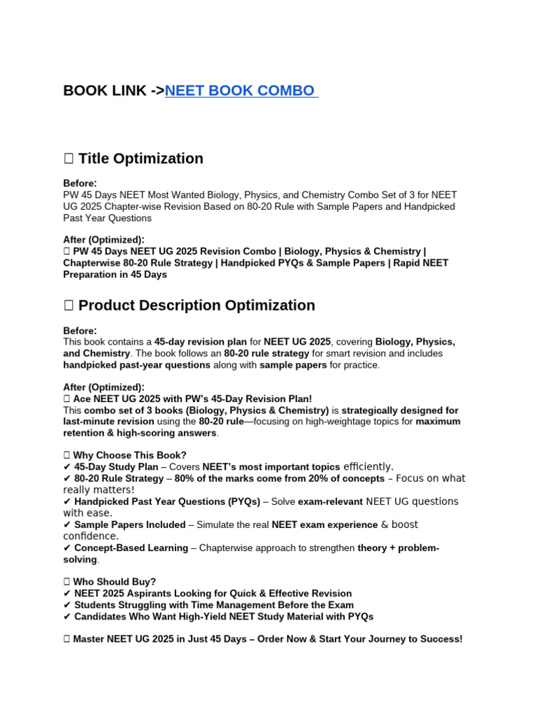 NEET UG 2025: 45-Day 80/20 Revision Guide | PDF