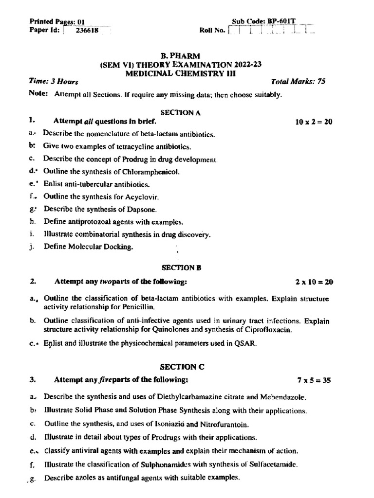 Bpharm 6 Sem Medicinal Chemistry 3 BP 601t 2023 | PDF