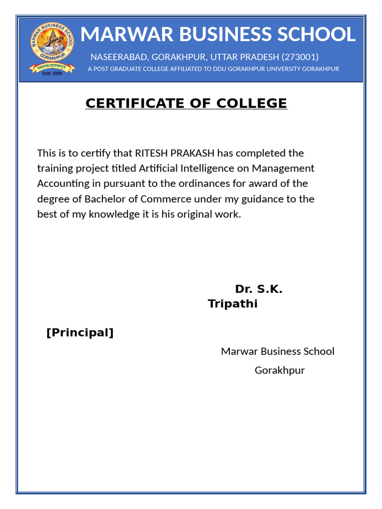 CLG Certificate for Ritesh Prakash | PDF