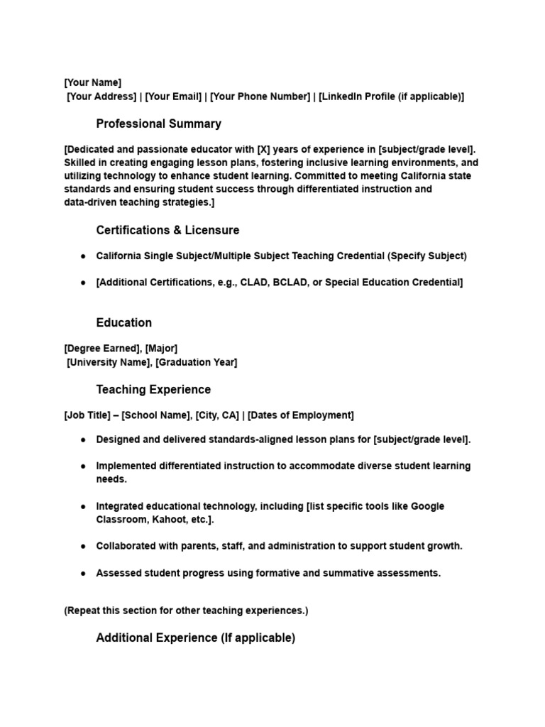 California Educator Resume Template | PDF