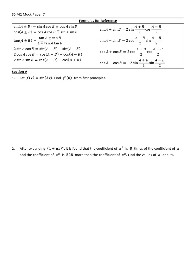 S5 M2 Mock Paper 7 | PDF | Sphere | Algebra