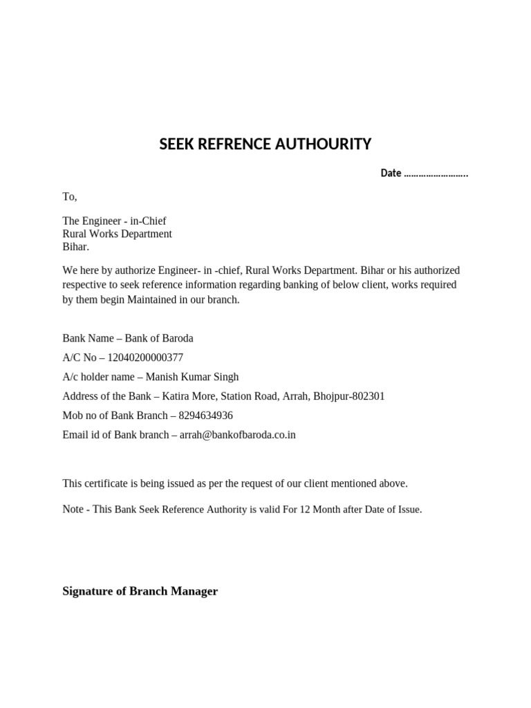 Bank Reference Authority Letter | PDF
