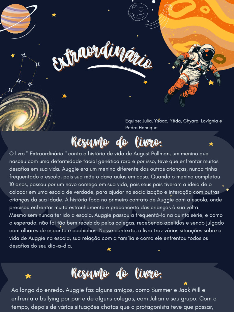 Resumo do Livro "Extraordinário" | PDF | Escolas | Livros
