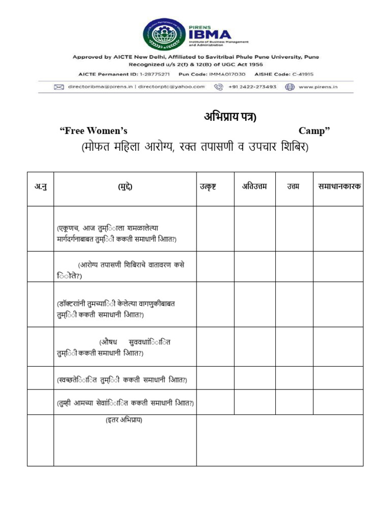 Women's Health Camp Feedback Form | PDF