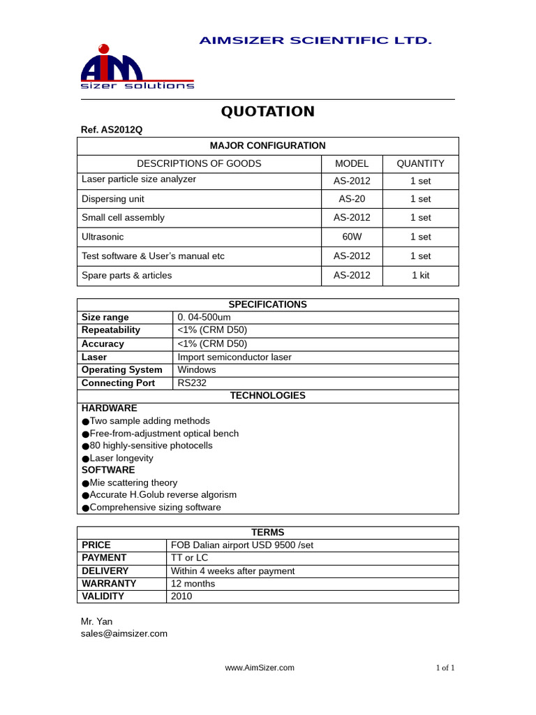 AS2012 Laser Analyzer Quotation | PDF