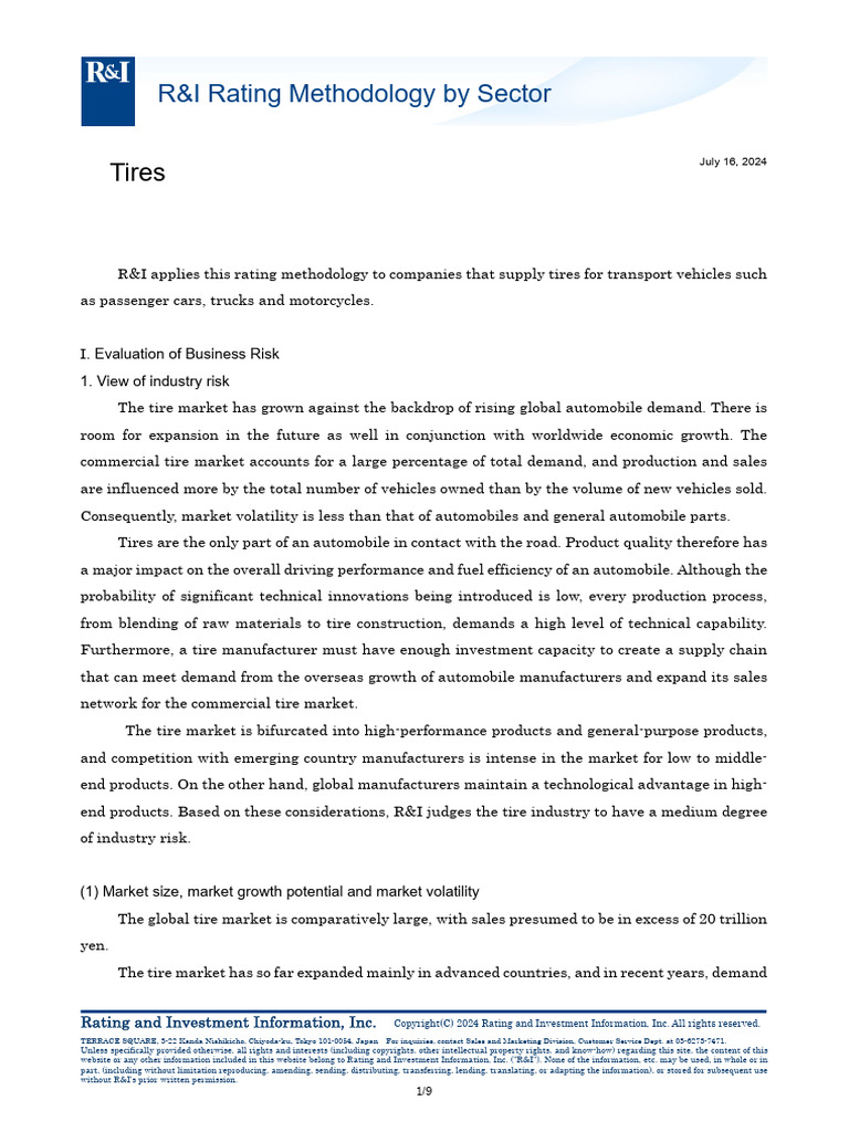 R&I Rating Methodology by Sector | PDF | Tire | Car