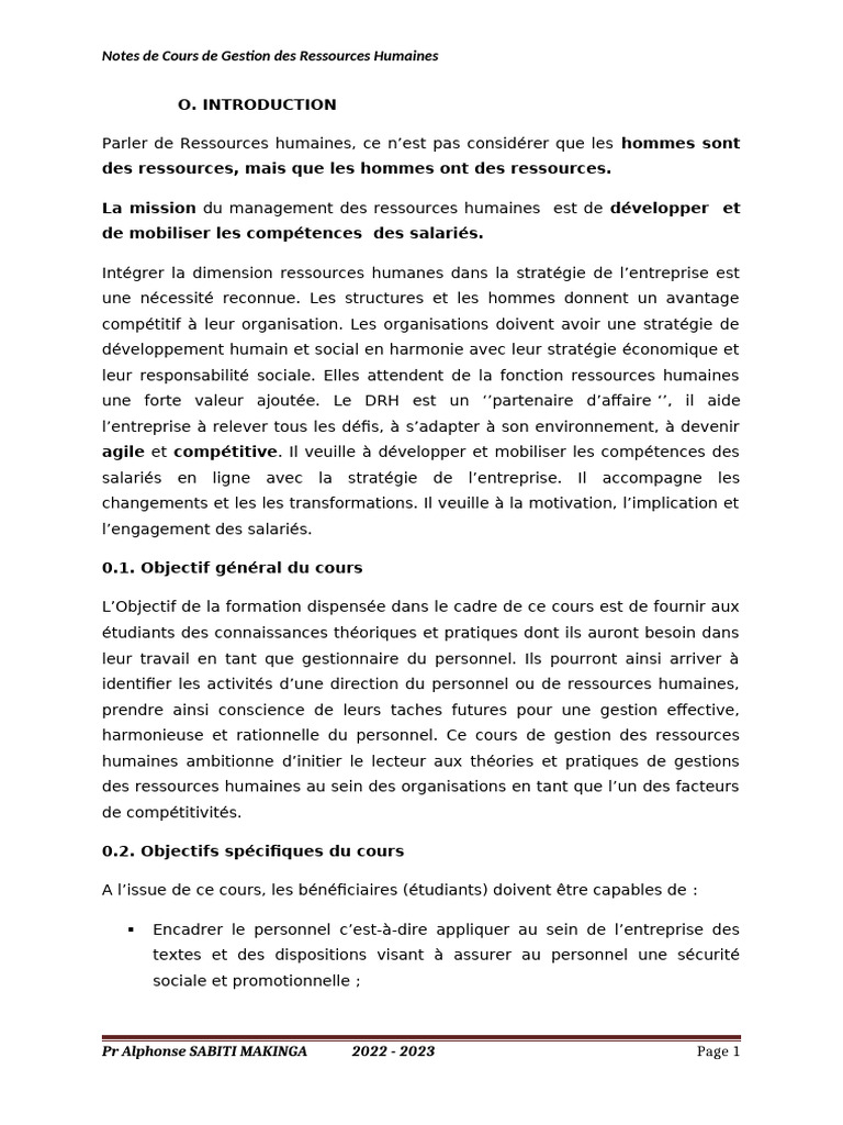 Cours de Gestion des Ressources Humaines | PDF | Gestion des ressources ...