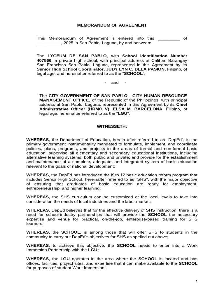 Work Immersion Agreement for SHS Program | PDF | Legal Liability ...