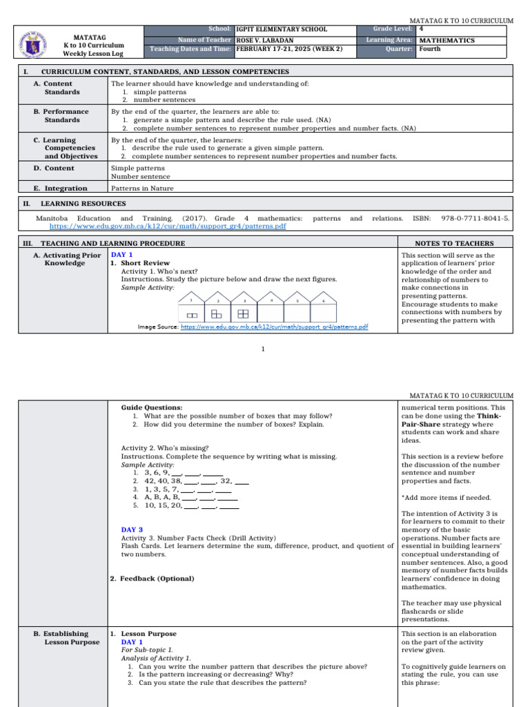 Grade 4 Math Patterns Lesson Plan | PDF | Curriculum | Learning