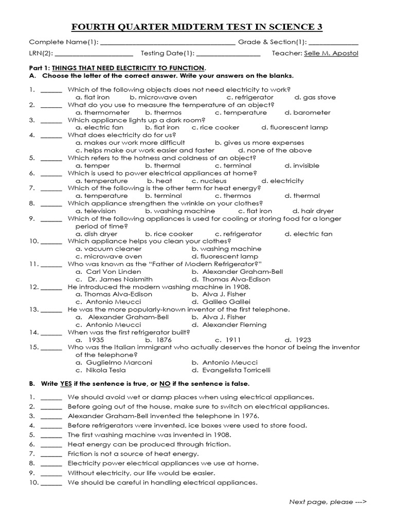 Science 3 Fourth Quarter Test | PDF | Home Appliance | Kitchen Stove
