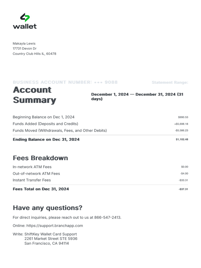 ShiftKey Wallet Account Statement | PDF | Debit Card | Corporations