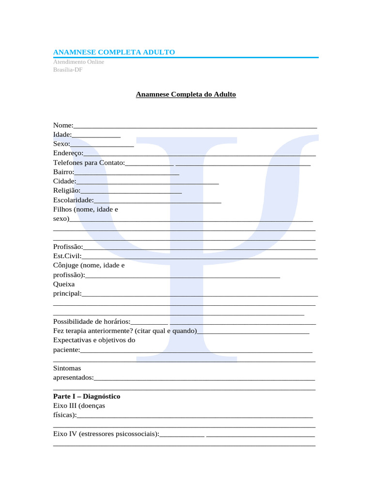 Anamnese Completa para Adultos Online | PDF | Psiquiatria ...