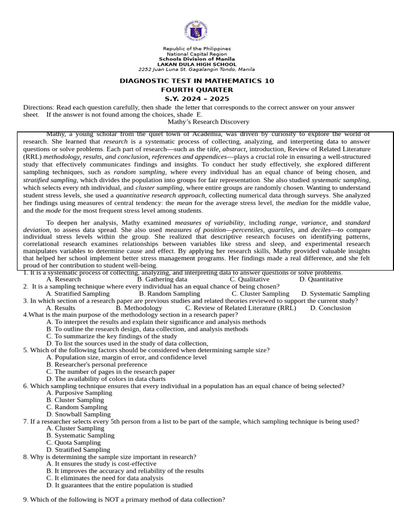 Mathematics 10 Diagnostic Test Guide | PDF | Sampling (Statistics) | Median