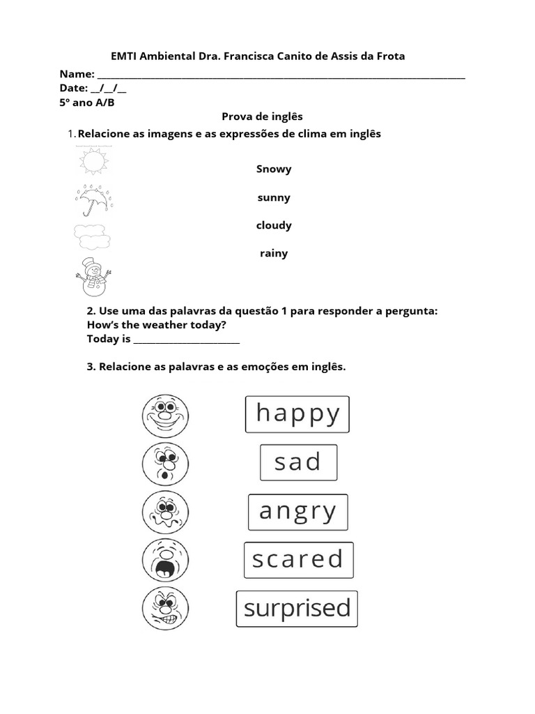 Prova de Inglês para 5º Ano A/B | PDF