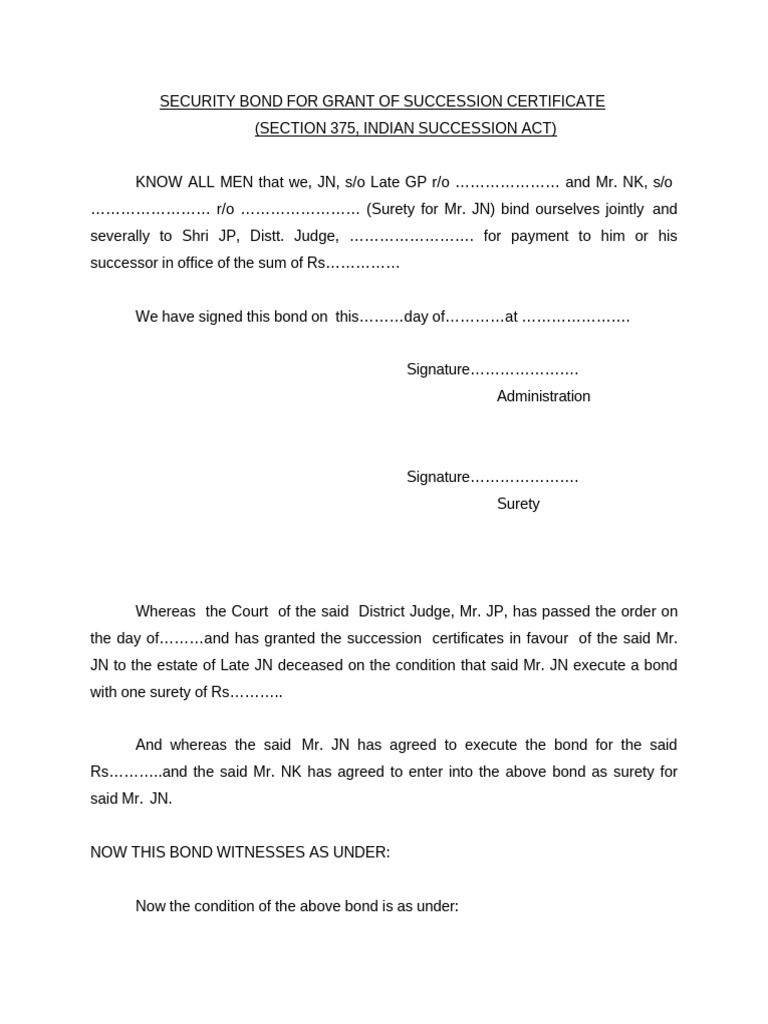 Succession Certificate Bond Template | PDF