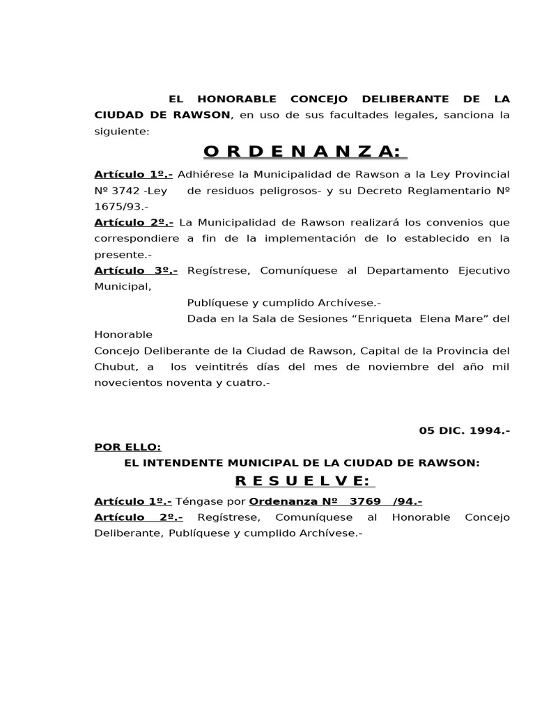 Ordenanza:: El Honorable Concejo Deliberante de La Ciudad de Rawson ...