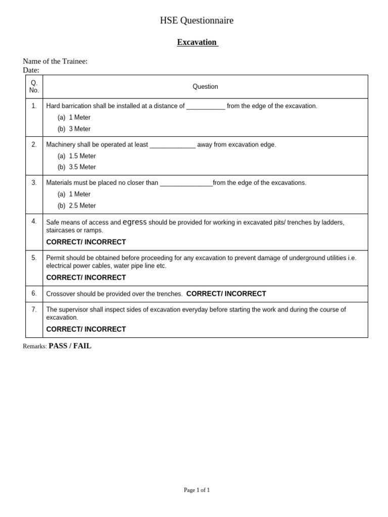 HSE Excavation Safety Questionnaire | PDF