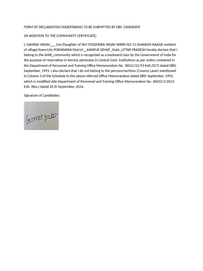 OBC Caste Certificate Declaration Form | PDF