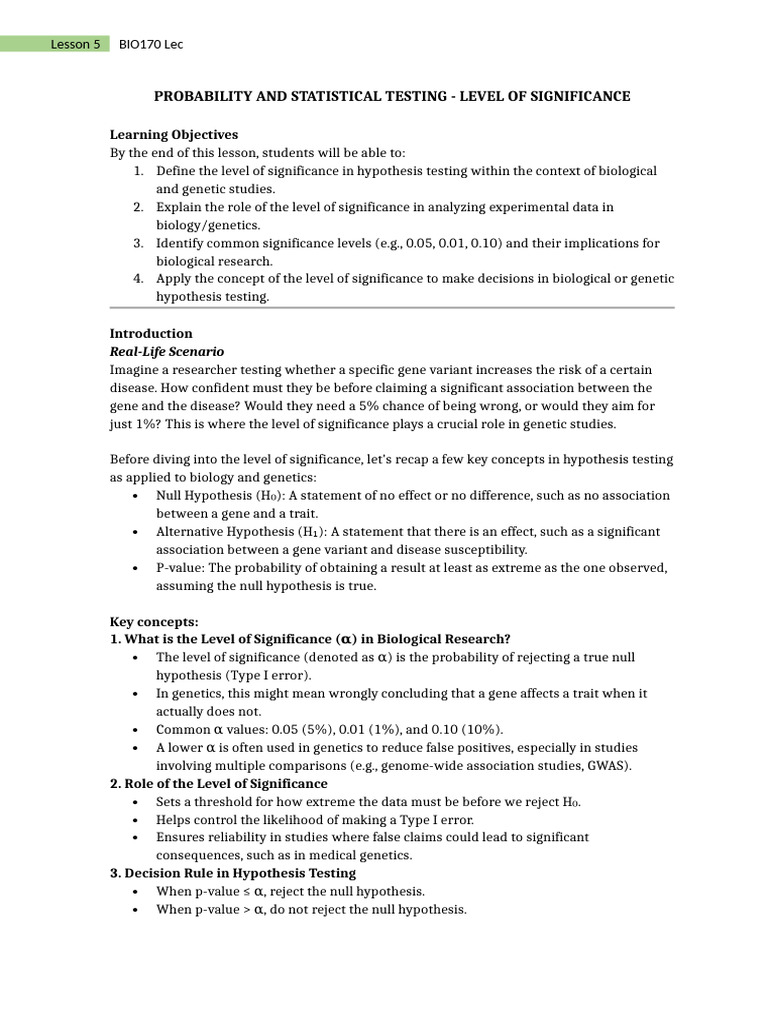 Level Of Significance In Genetics Pdf Statistical Significance Photo Inspiration