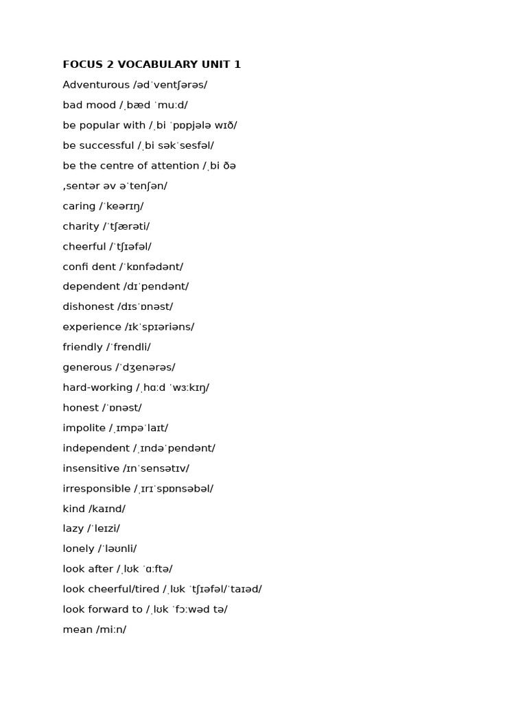 Focus 2 Vocabulary Unit 1 | PDF