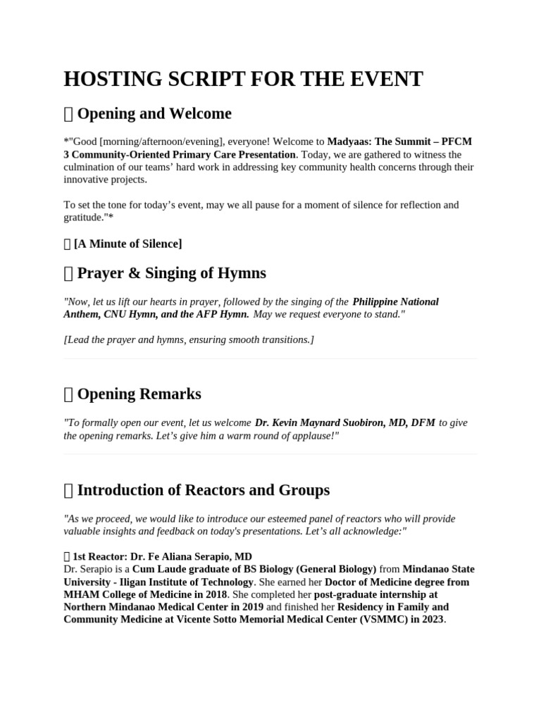 Hosting Script For The Event | PDF | Doctor Of Medicine | Physician