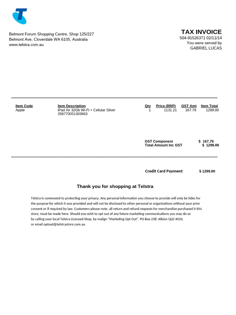 Telstra Belmont Tax Invoice | PDF