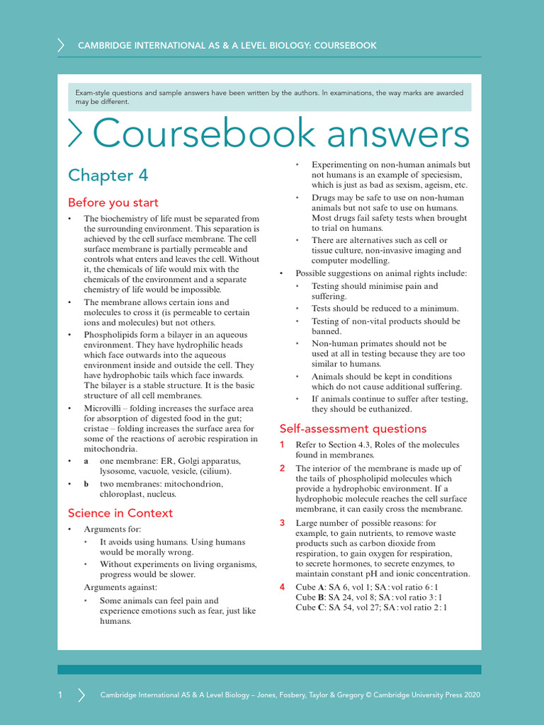 Coursebook Answers Chapter 4 Asal Biology | PDF | Cell Membrane | Osmosis