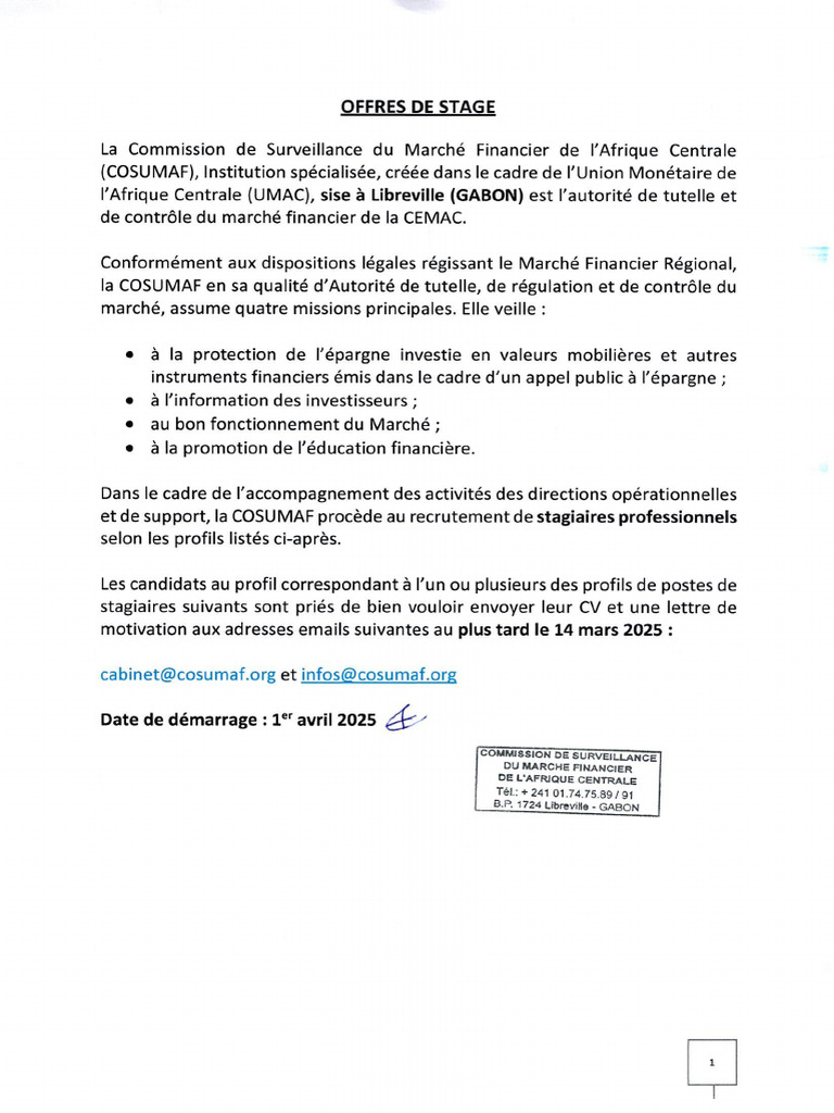 Offre de Stage Professionnel Cosumaf | PDF