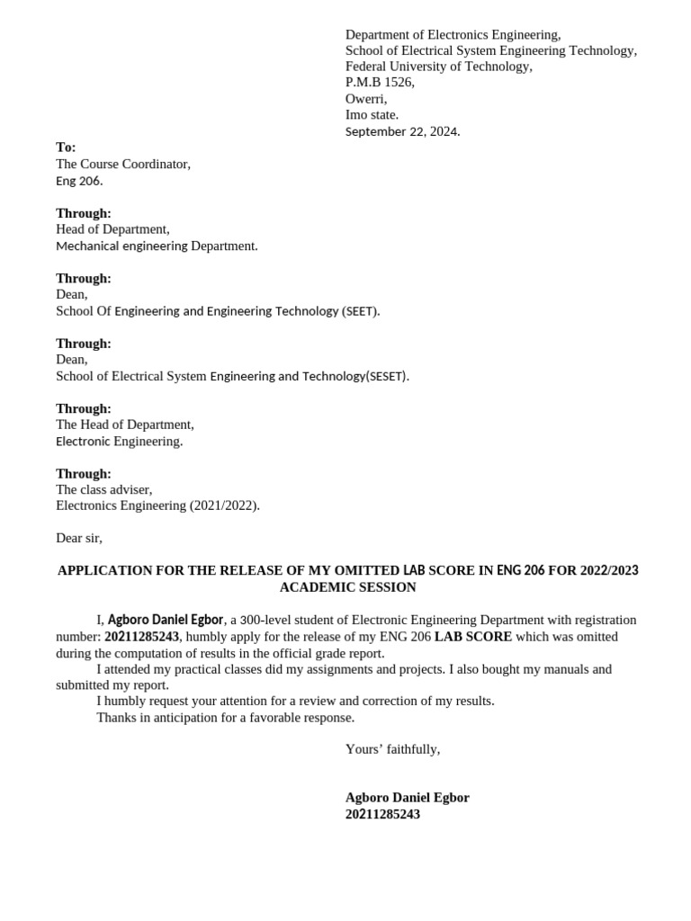 Request for Omitted ENG 206 Lab Score | PDF