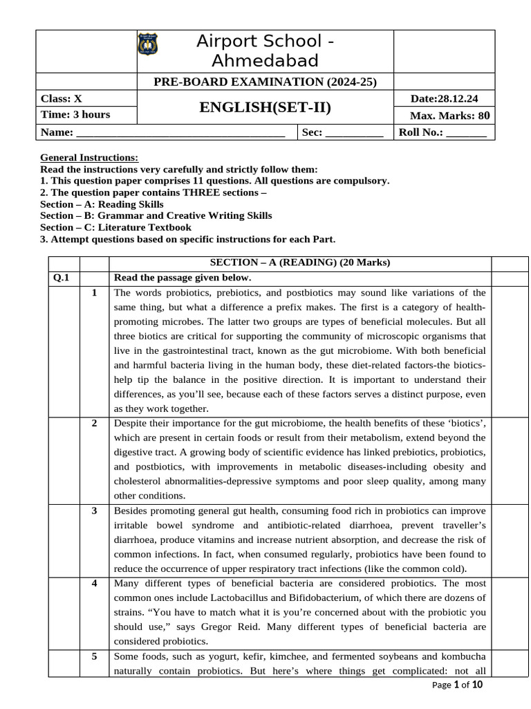 Class X English Pre-Board Exam 2024-25 | PDF | Probiotic ...