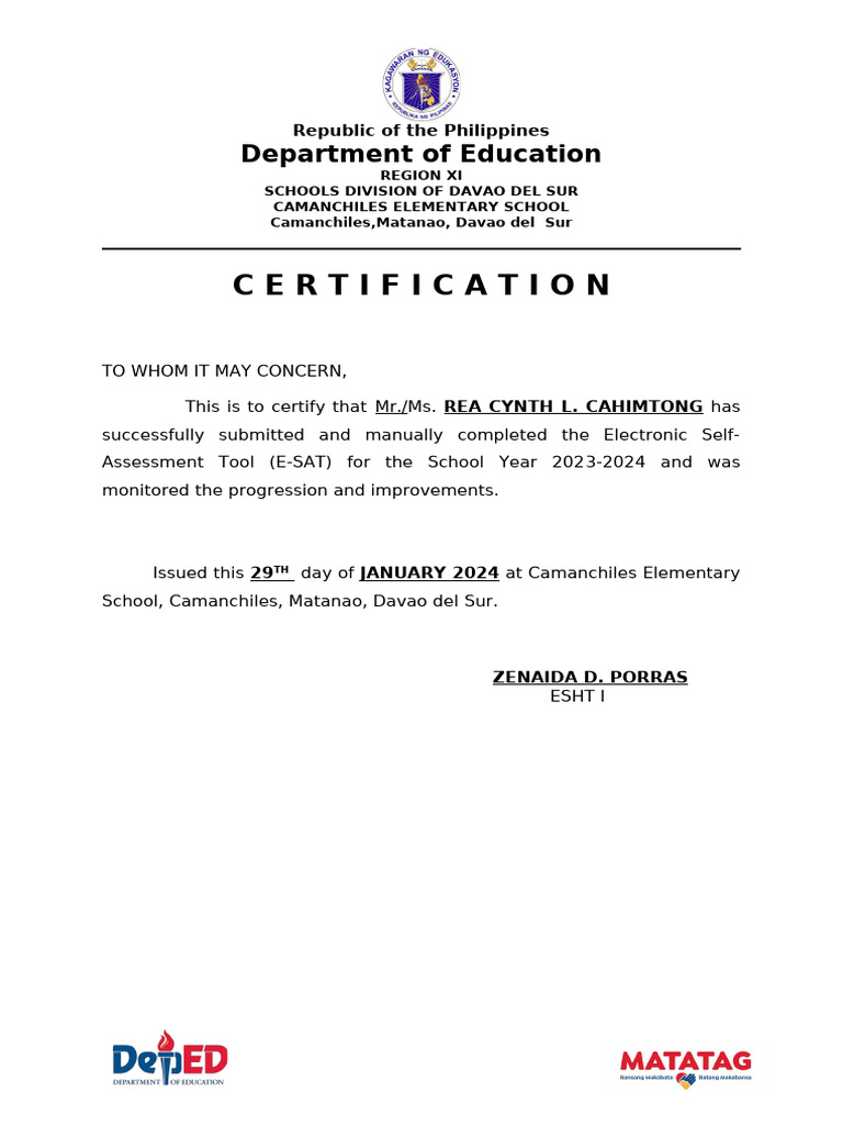 E-SAT Certification for 2023-2024 | PDF