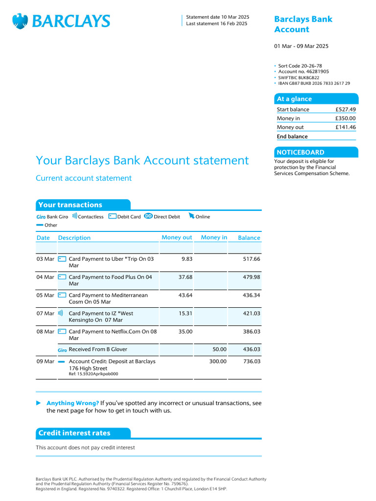 Barclays Account Statement Summary | PDF | Banks | Debit Card