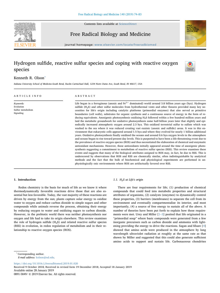 Hydrogen Sulfide's Role in Evolution | PDF | Reactive Oxygen Species ...