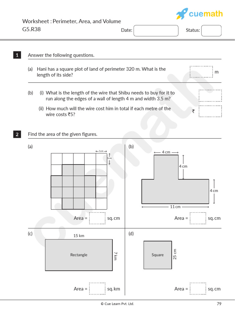 Class 5 Perimeter, Area, Volume Worksheet | PDF | Area | Length