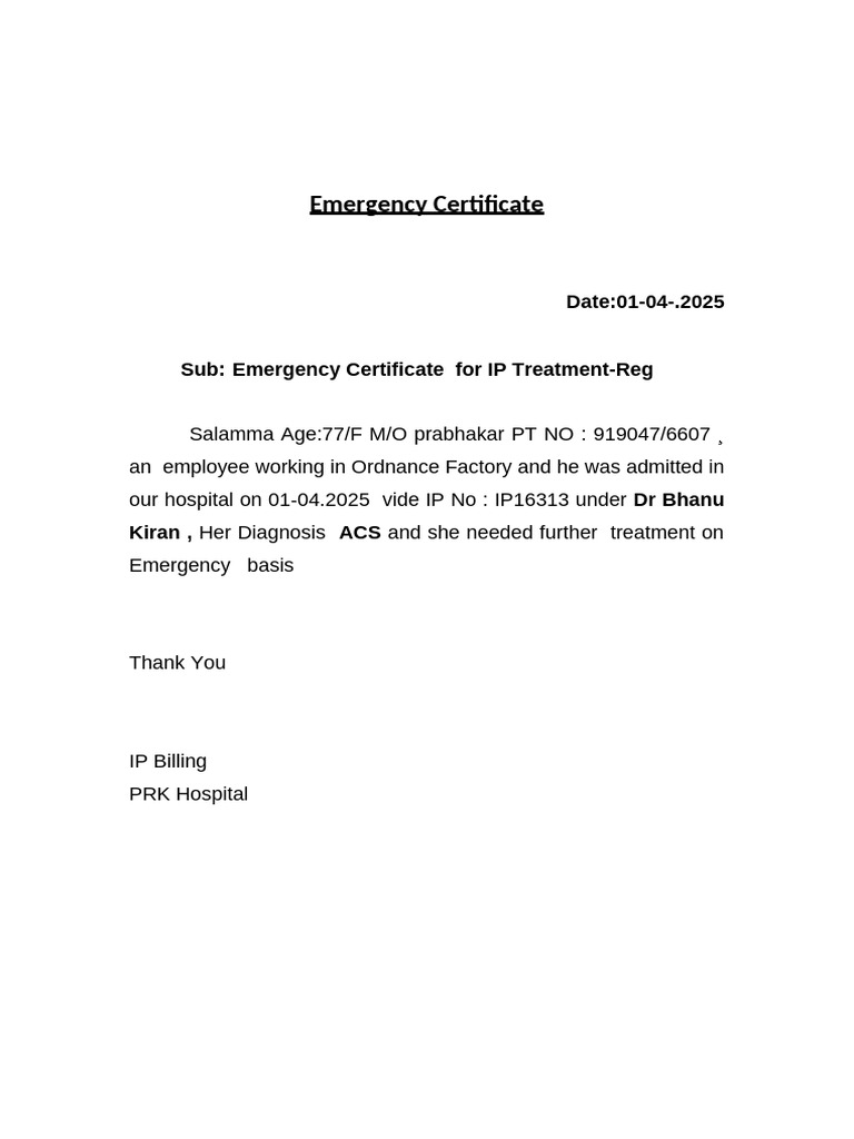 Emergency Certificate for IP Treatment | PDF