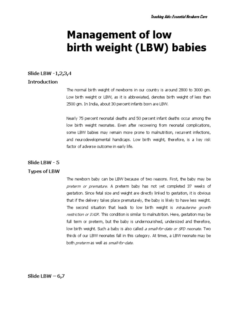 Management of Low Birth Weight Babies | PDF | Low Birth Weight ...