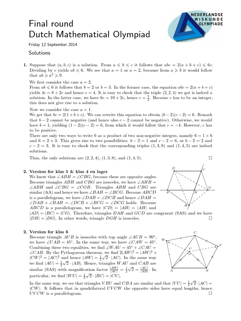 Dutch Mathematical Olympiad 2014 Solutions | PDF | Triangle | Area
