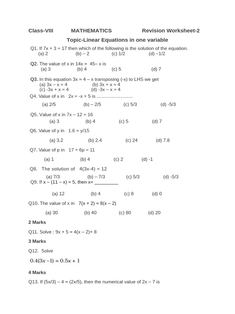 Linear Equations Worksheet for Class VIII | PDF