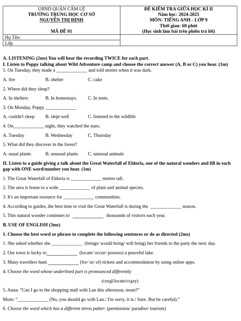 English Test for Grade 9 - Cẩm Lệ | PDF