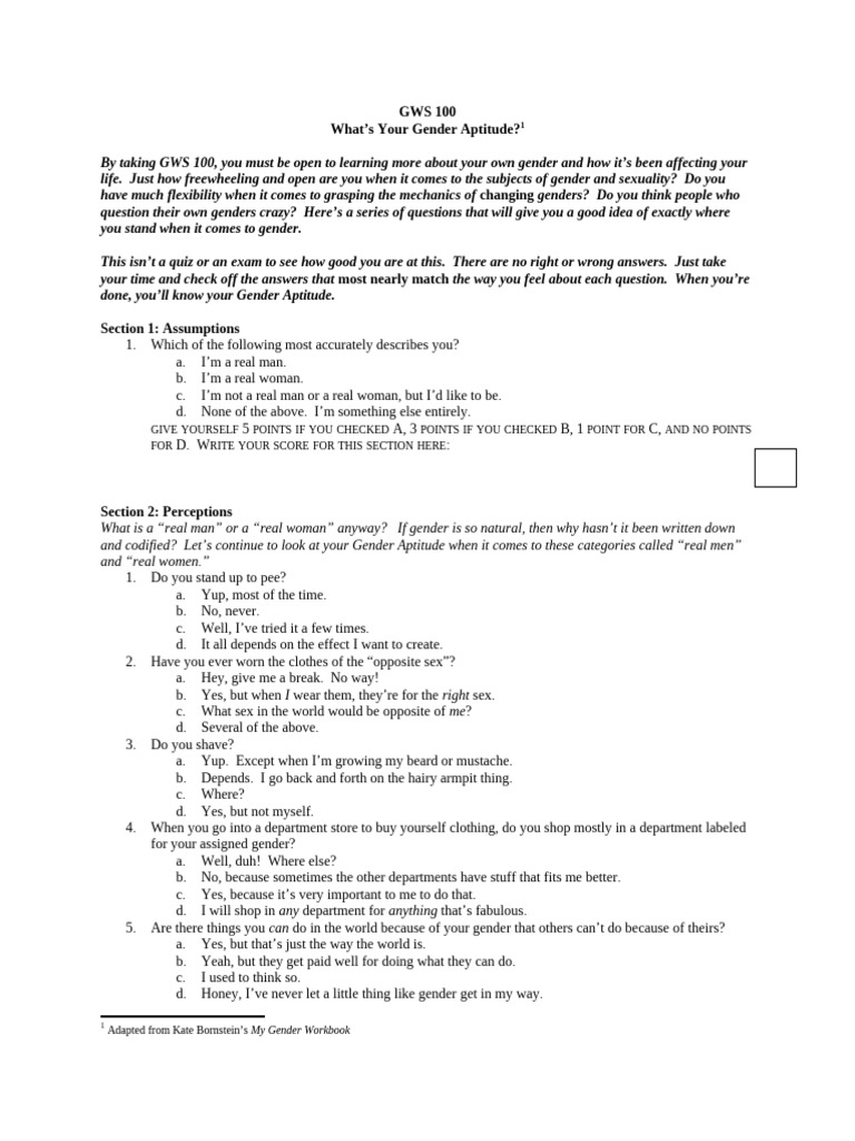 GWS Gender Aptitude Questionnaire | PDF | Gender | Gender Studies