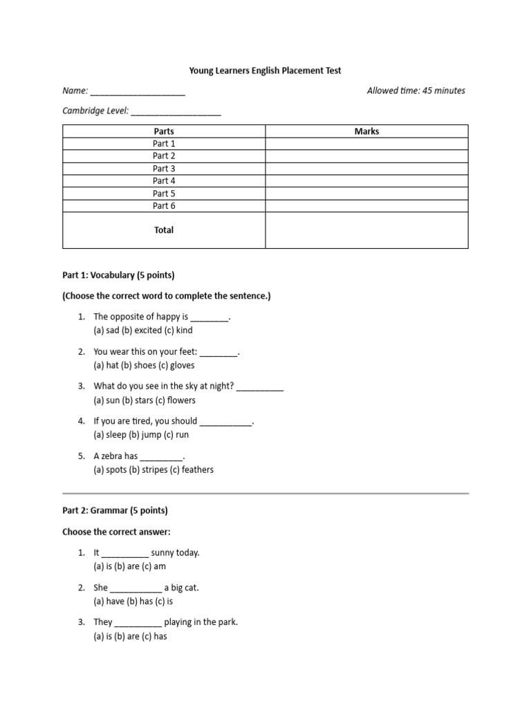 Young Learners English Placement Test | PDF | Learning | Human ...